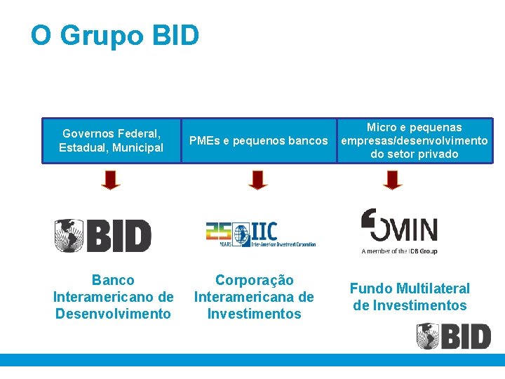 O Grupo BID Governos Federal, Estadual, Municipal Banco Interamericano de Desenvolvimento PMEs e pequenos