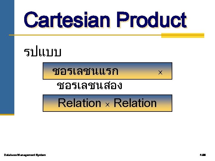 Cartesian Product รปแบบ ชอรเลชนแรก ชอรเลชนสอง Relation Database Management System 4. 66 