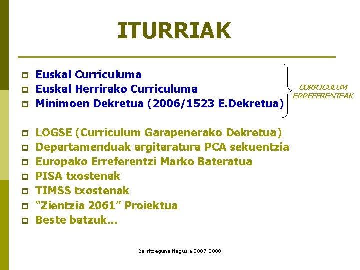 ITURRIAK p p p p p Euskal Curriculuma Euskal Herrirako Curriculuma Minimoen Dekretua (2006/1523