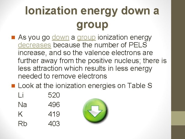 Ionization energy down a group As you go down a group ionization energy decreases