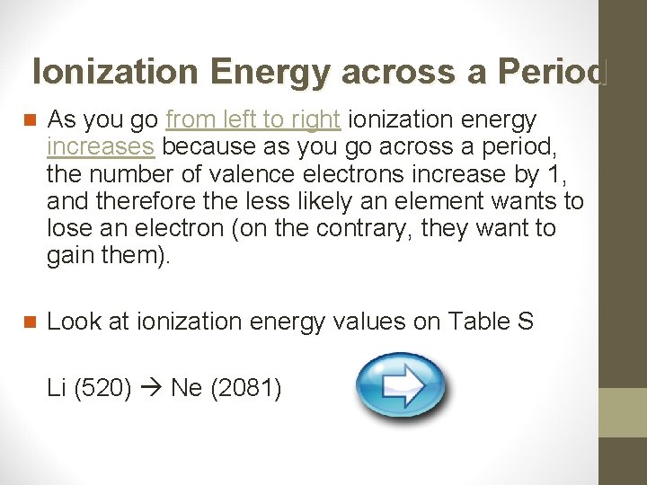 Ionization Energy across a Period n As you go from left to right ionization