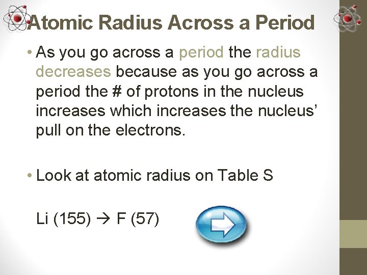 Atomic Radius Across a Period • As you go across a period the radius