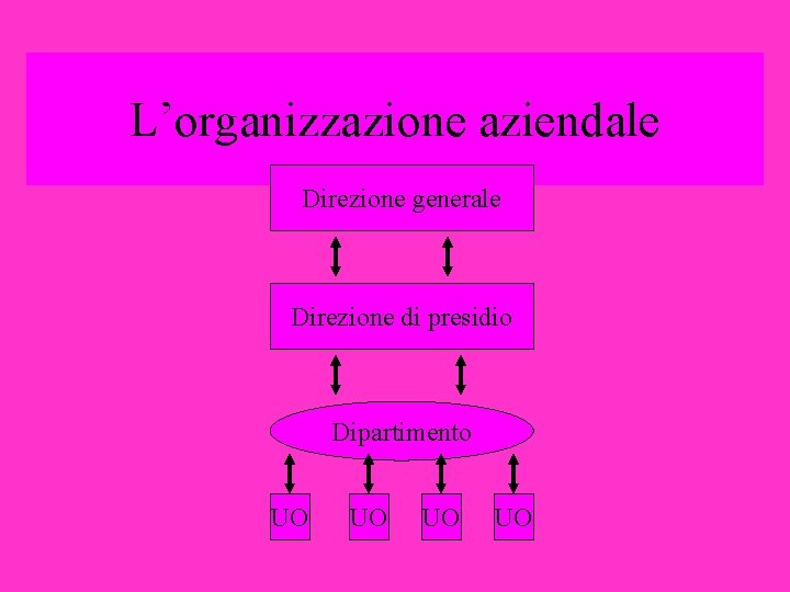 L’organizzazione aziendale Direzione generale Direzione di presidio Dipartimento UO UO 