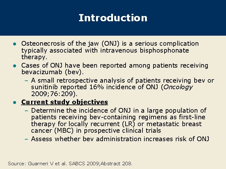 Introduction Osteonecrosis of the jaw (ONJ) is a serious complication typically associated with intravenous