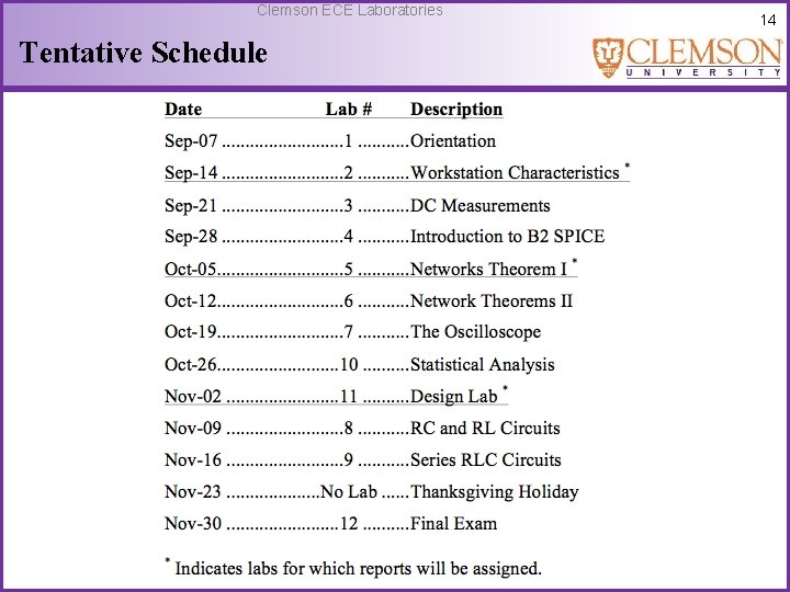 Clemson ECE Laboratories Tentative Schedule 14 