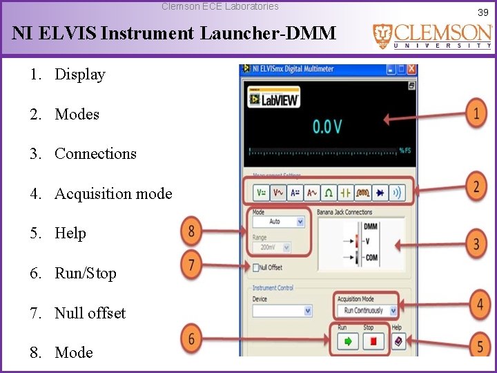 Clemson ECE Laboratories NI ELVIS Instrument Launcher-DMM 1. Display 2. Modes 3. Connections 4.