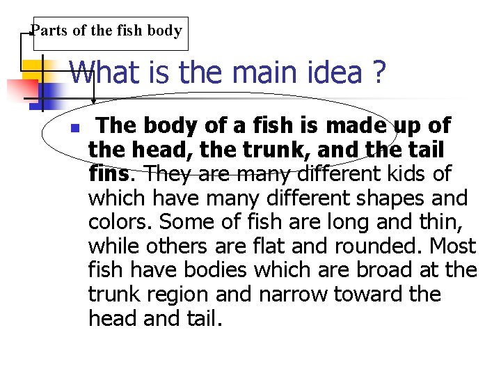 Parts of the fish body What is the main idea ? n The body