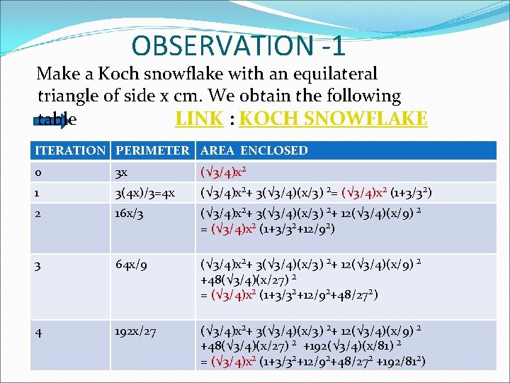 OBSERVATION -1 Make a Koch snowflake with an equilateral triangle of side x cm.