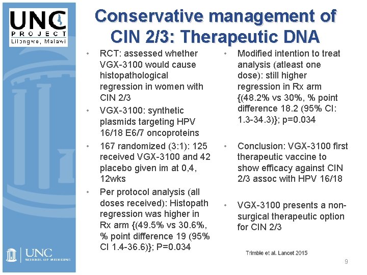 Conservative management of CIN 2/3: Therapeutic DNA • • RCT: assessed whether VGX-3100 would