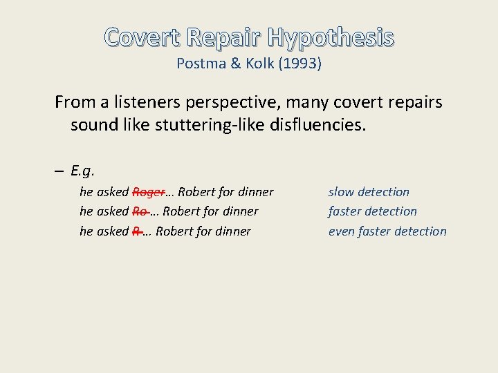 Covert Repair Hypothesis Postma & Kolk (1993) From a listeners perspective, many covert repairs