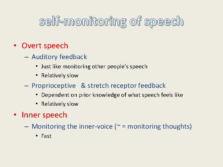 self-monitoring of speech • Overt speech – Auditory feedback • Just like monitoring other