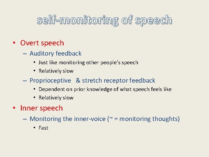 self-monitoring of speech • Overt speech – Auditory feedback • Just like monitoring other