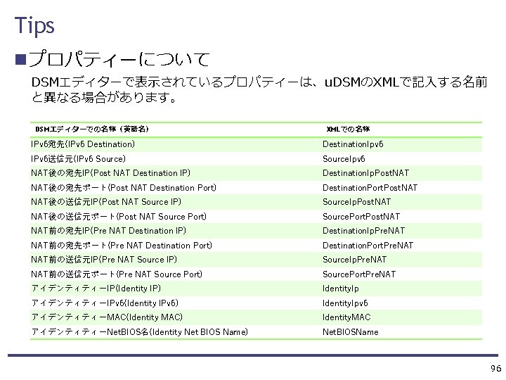 Tips nプロパティーについて DSMエディターで表示されているプロパティーは、u. DSMのXMLで記入する名前 と異なる場合があります。 DSMエディターでの名称（英語名） XMLでの名称 IPv 6宛先(IPv 6 Destination) Destination. Ipv 6