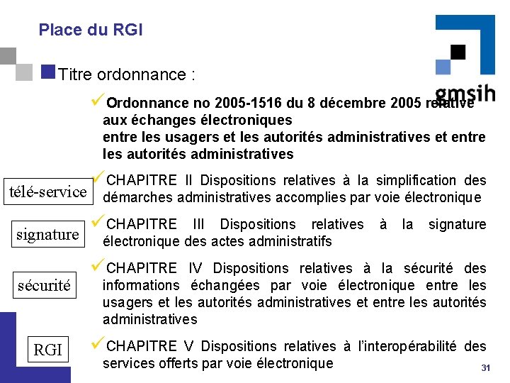 Place du RGI n Titre ordonnance : üOrdonnance no 2005 -1516 du 8 décembre