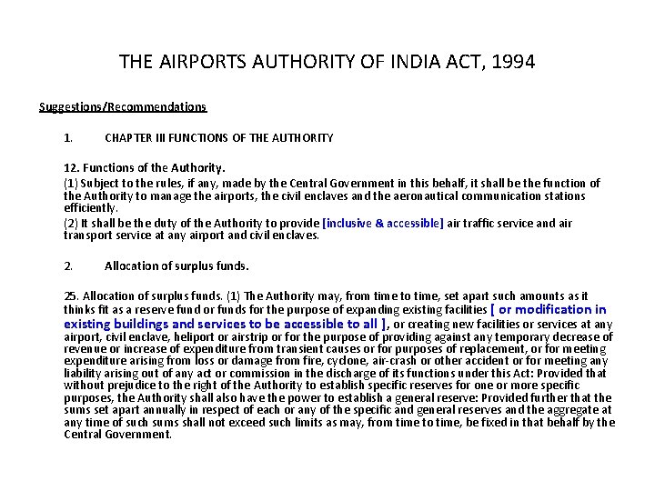 THE AIRPORTS AUTHORITY OF INDIA ACT, 1994 Suggestions/Recommendations 1. CHAPTER III FUNCTIONS OF THE