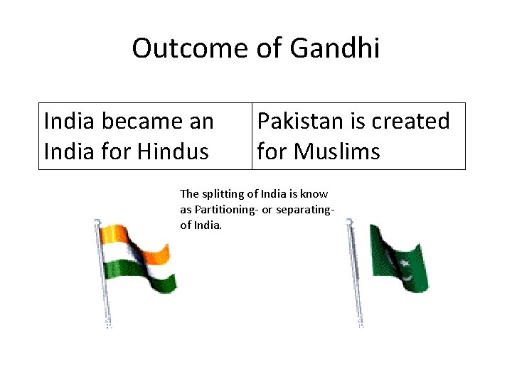 Outcome of Gandhi India became an India for Hindus Pakistan is created for Muslims