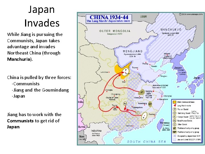 Japan Invades While Jiang is pursuing the Communists, Japan takes advantage and invades Northeast