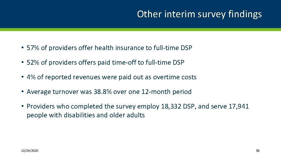 Other interim survey findings • 57% of providers offer health insurance to full-time DSP