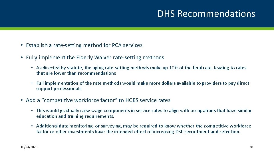 DHS Recommendations • Establish a rate-setting method for PCA services • Fully implement the