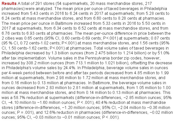 Results A total of 291 stores (54 supermarkets, 20 mass merchandise stores, 217 pharmacies)