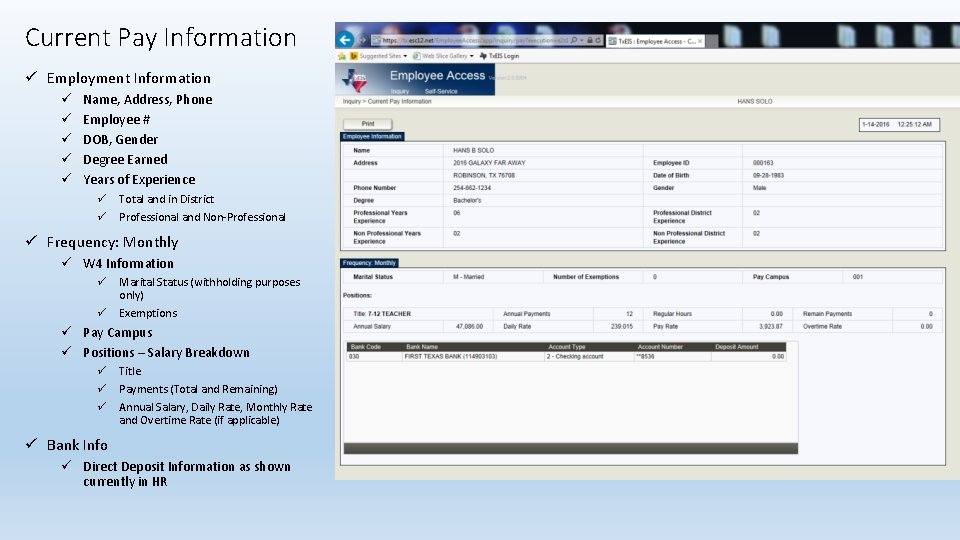 Current Pay Information ü Employment Information ü ü ü Name, Address, Phone Employee #