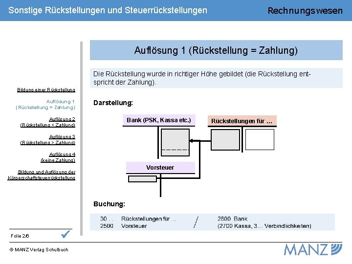 Sonstige Rückstellungen und Steuerrückstellungen Rechnungswesen Auflösung 1 (Rückstellung = Zahlung) Die Rückstellung wurde in