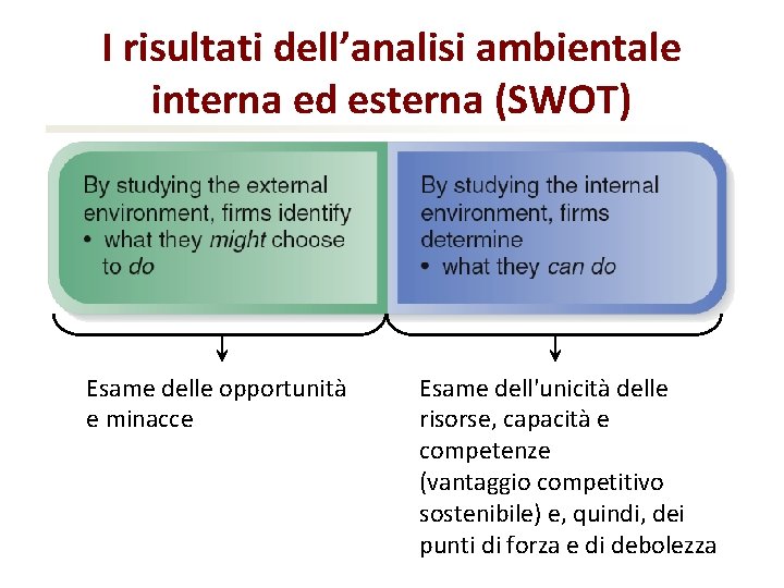 I risultati dell’analisi ambientale interna ed esterna (SWOT) Esame delle opportunità e minacce Esame