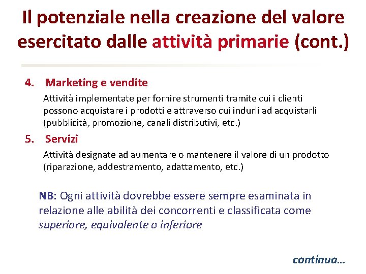 Il potenziale nella creazione del valore esercitato dalle attività primarie (cont. ) 4. Marketing