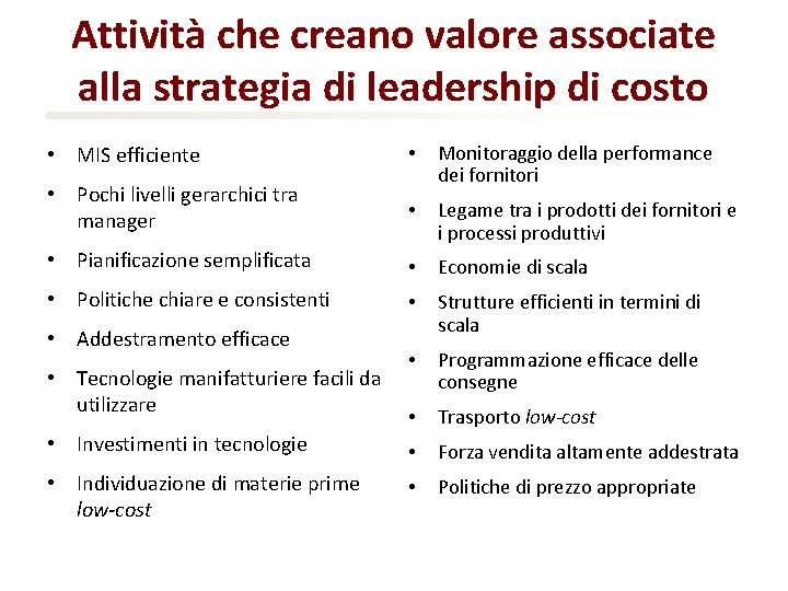 Attività che creano valore associate alla strategia di leadership di costo • MIS efficiente
