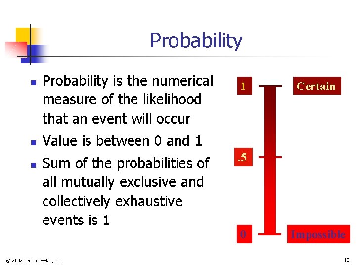 Probability n n n Probability is the numerical measure of the likelihood that an