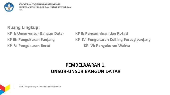 Ruang Lingkup: KP I: Unsur-unsur Bangun Datar KP III: Pengukuran Panjang KP V: Pengukuran