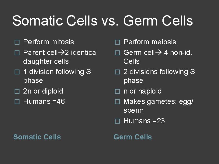 Somatic Cells vs. Germ Cells � � � Perform mitosis Parent cell 2 identical