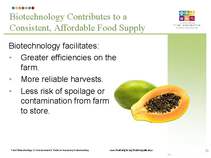 Biotechnology Contributes to a Consistent, Affordable Food Supply Biotechnology facilitates: • Greater efficiencies on
