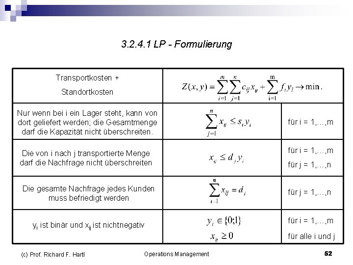 3. 2. 4. 1 LP - Formulierung Transportkosten + Standortkosten Nur wenn bei i