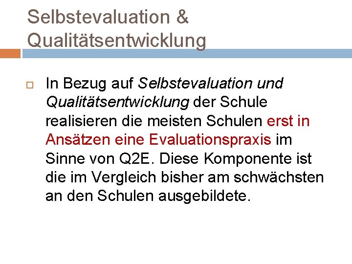 Selbstevaluation & Qualitätsentwicklung In Bezug auf Selbstevaluation und Qualitätsentwicklung der Schule realisieren die meisten