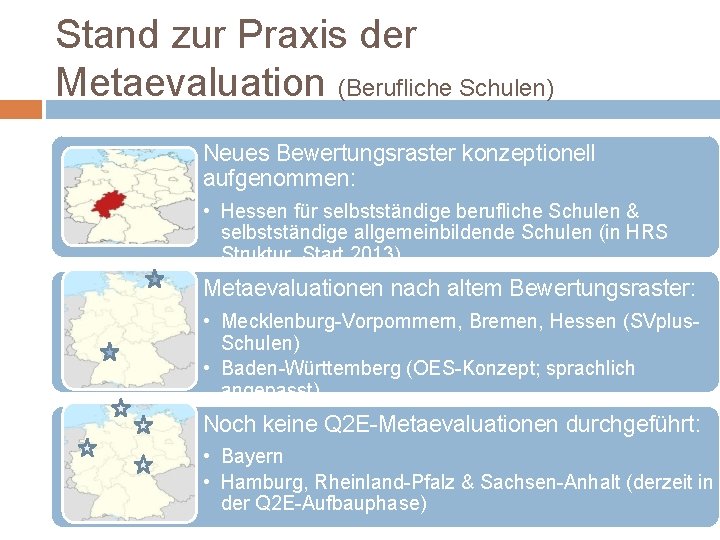 Stand zur Praxis der Metaevaluation (Berufliche Schulen) Neues Bewertungsraster konzeptionell aufgenommen: • Hessen für