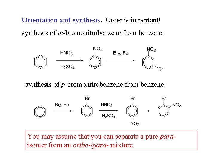 Orientation and synthesis. Order is important! synthesis of m-bromonitrobenzene from benzene: synthesis of p-bromonitrobenzene