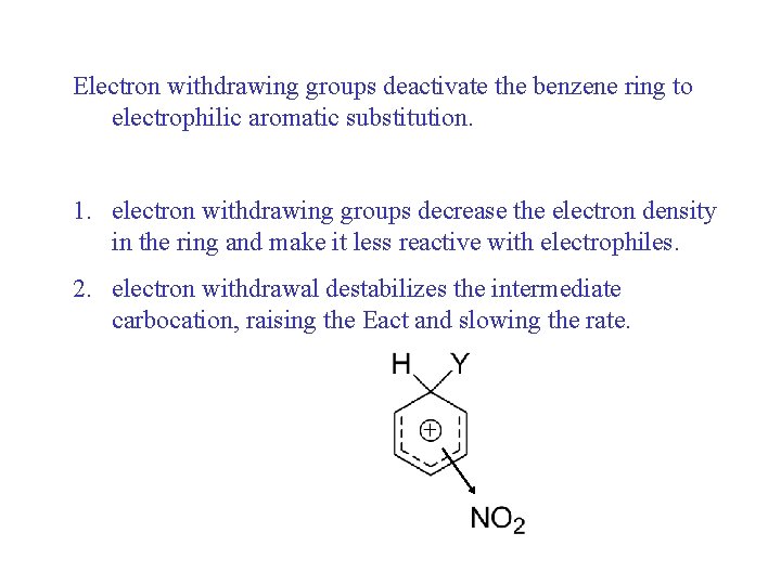 Electron withdrawing groups deactivate the benzene ring to electrophilic aromatic substitution. 1. electron withdrawing