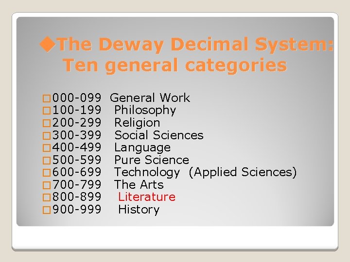 ◆The Deway Decimal System: Ten general categories � 000 -099 � 100 -199 �