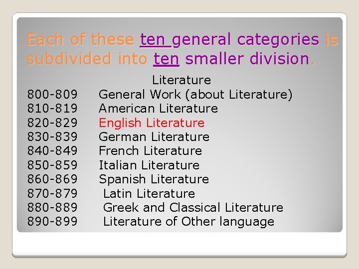 Each of these ten general categories is subdivided into ten smaller division. 800 -809