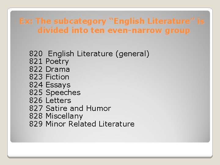 Ex: The subcategory “English Literature” is divided into ten even-narrow group 820 821 822