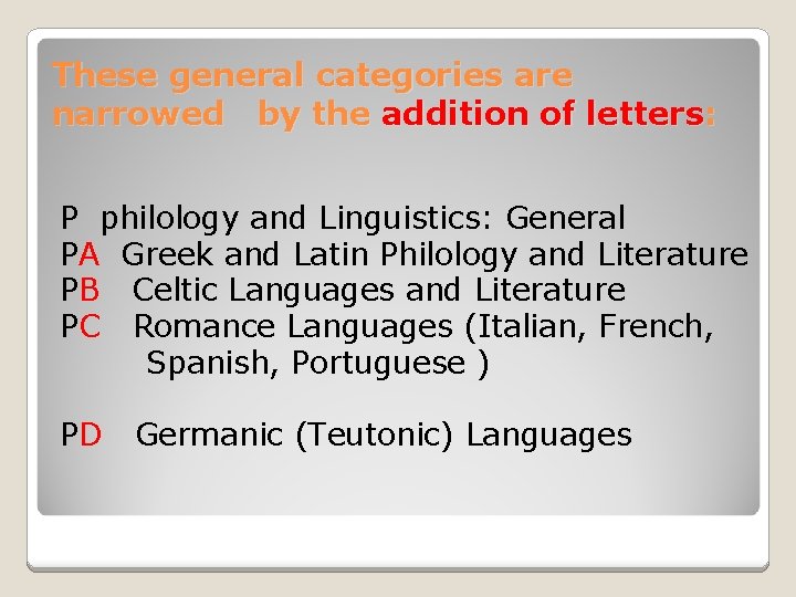These general categories are narrowed by the addition of letters: P philology and Linguistics: