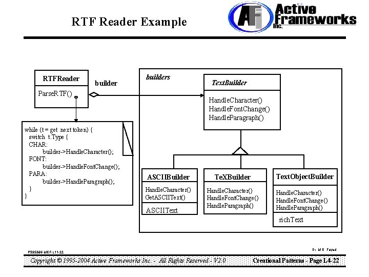 RTF Reader Example RTFReader builders Parse. RTF() while (t = get next token) {