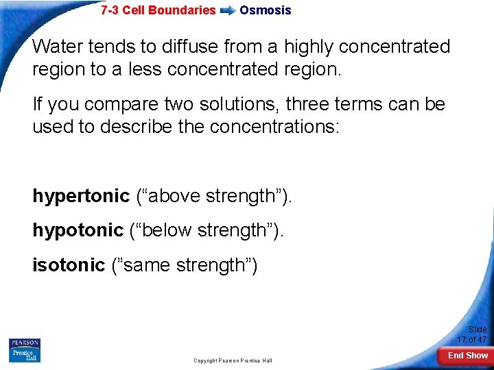 7 -3 Cell Boundaries Osmosis Water tends to diffuse from a highly concentrated region