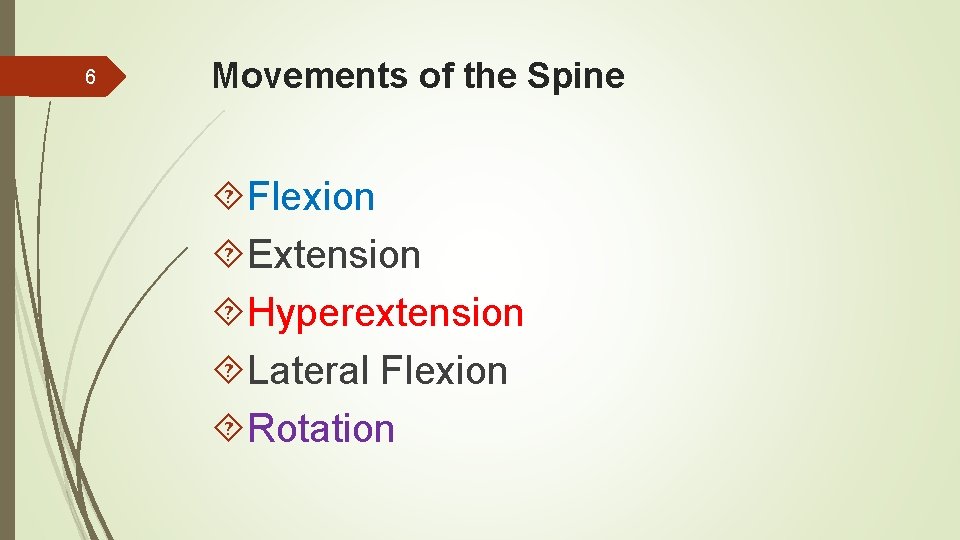 6 Movements of the Spine Flexion Extension Hyperextension Lateral Flexion Rotation 