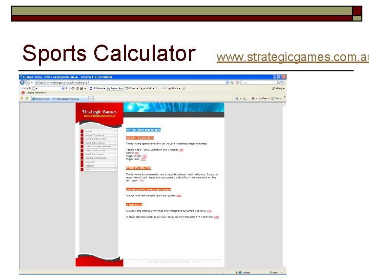 Sports Calculator www. strategicgames. com. au 