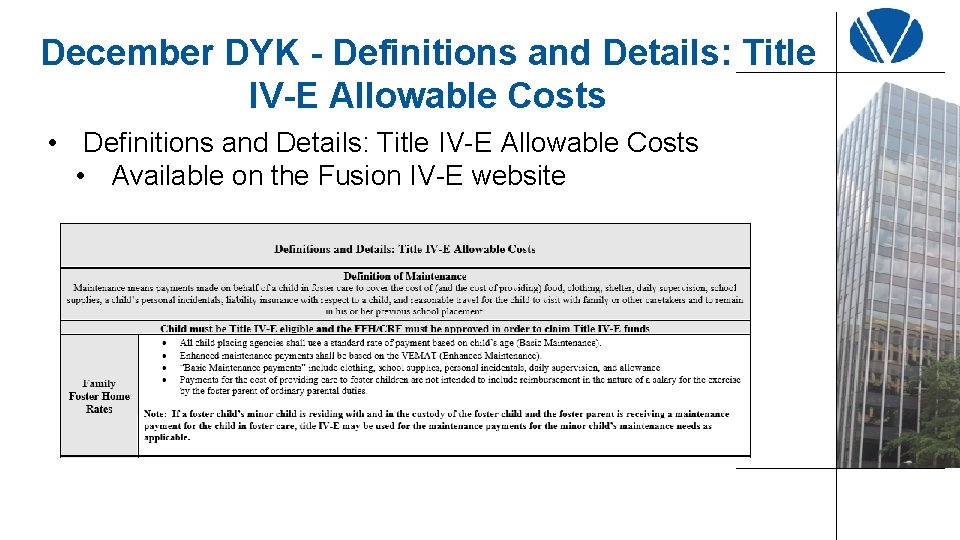 December DYK - Definitions and Details: Title IV-E Allowable Costs • Available on the