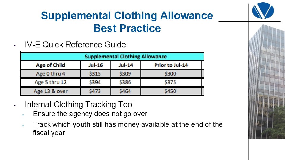 Supplemental Clothing Allowance Best Practice • IV-E Quick Reference Guide: • Internal Clothing Tracking