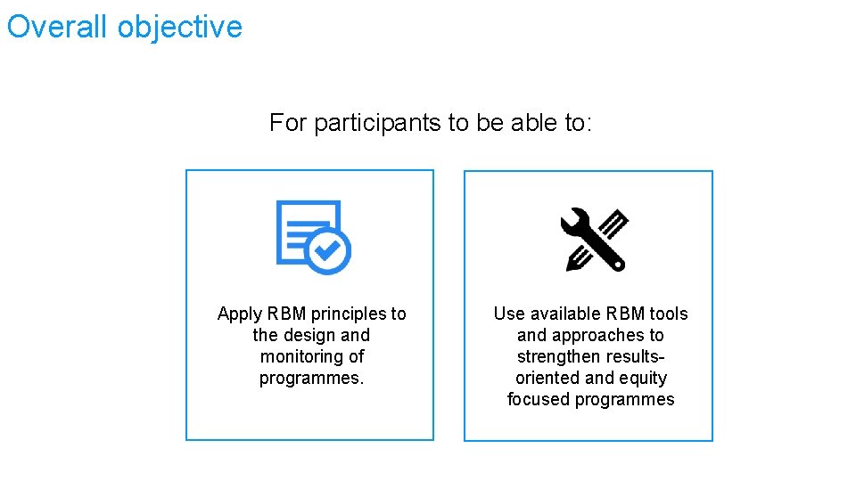 Overall objective For participants to be able to: Apply RBM principles to the design