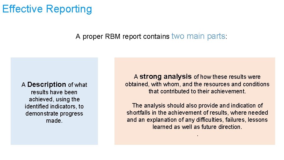 Effective Reporting A proper RBM report contains two main parts: A Description of what